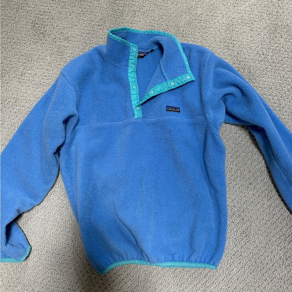 Patagonia Bright Blue Fleece with Teal Trim Snap Pullover
